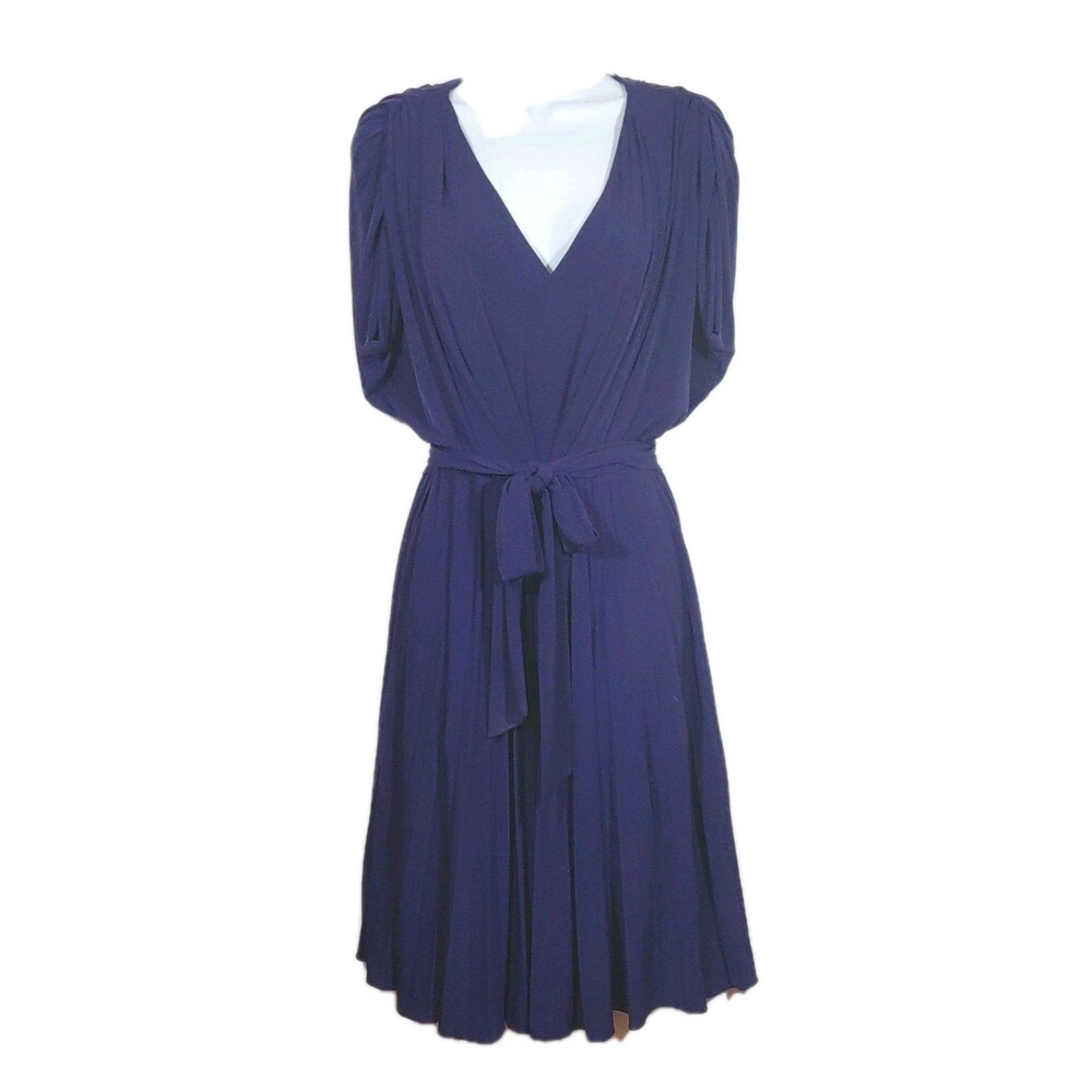 Suzy Chin Purple V-Neck Draped Short Sleeve Belted Pleated Formal Dress Size 6